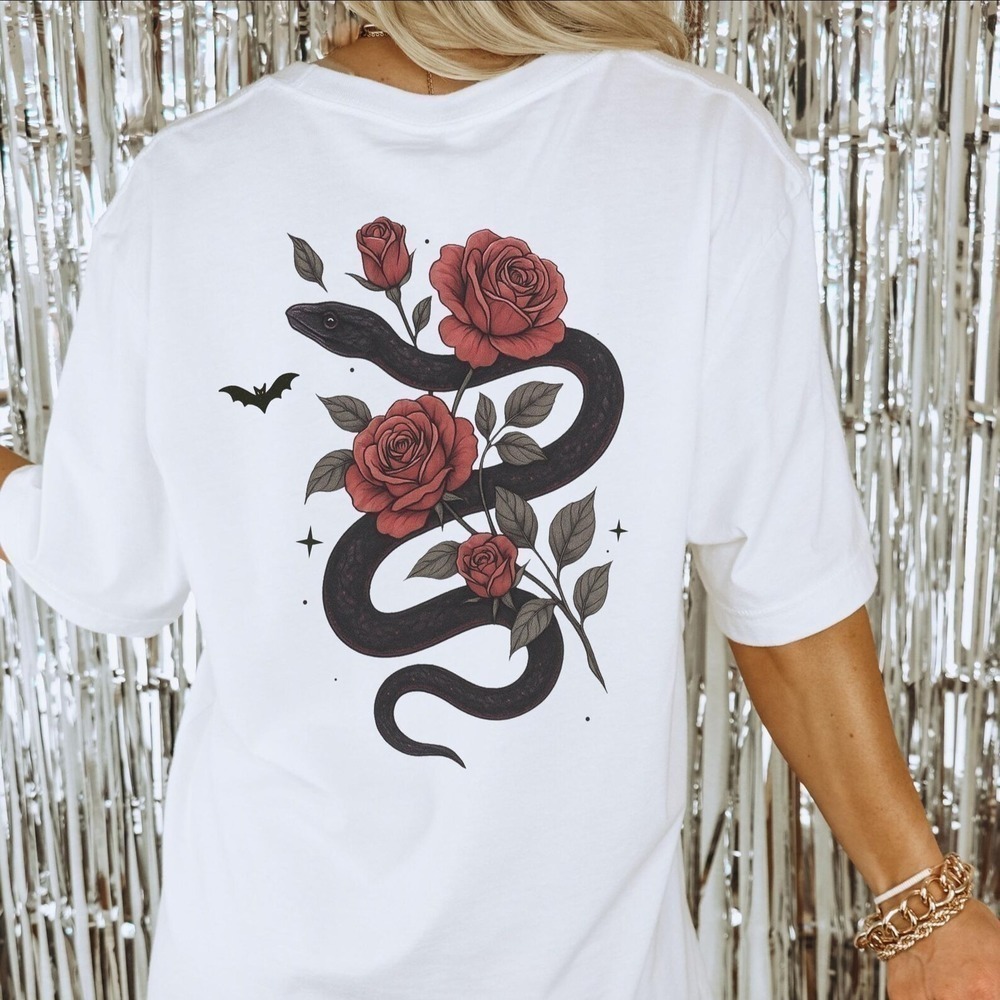 Snake And Rose Tattoo Style Gothic Floral Graphic T-Shirt